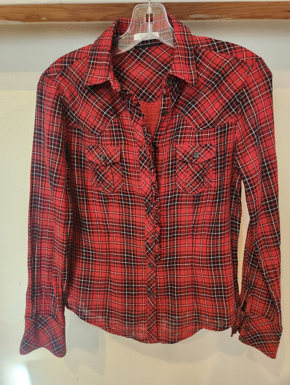GAP 100% Cotton Red Plaid Button-Down Shirt With Ruffles